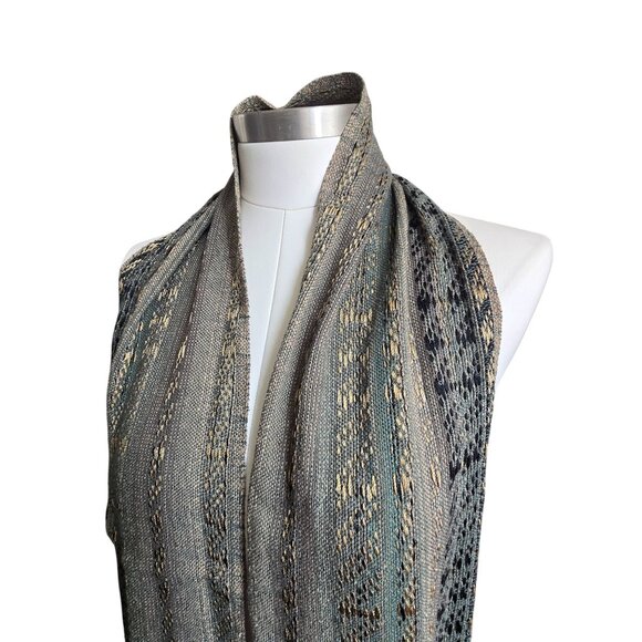 Handwoven Scarf Metallic Accent Fringe Green Gold and Black 72" CM2005 - Picture 7 of 7